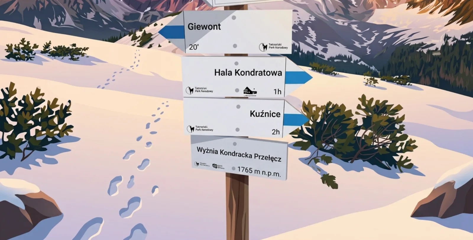 Drogowskaz na Wyżniej Kondrackiej Przełęczy - Giewont 20 minut, Hala Kondratowa godzina, Kuźnice dwie godziny.