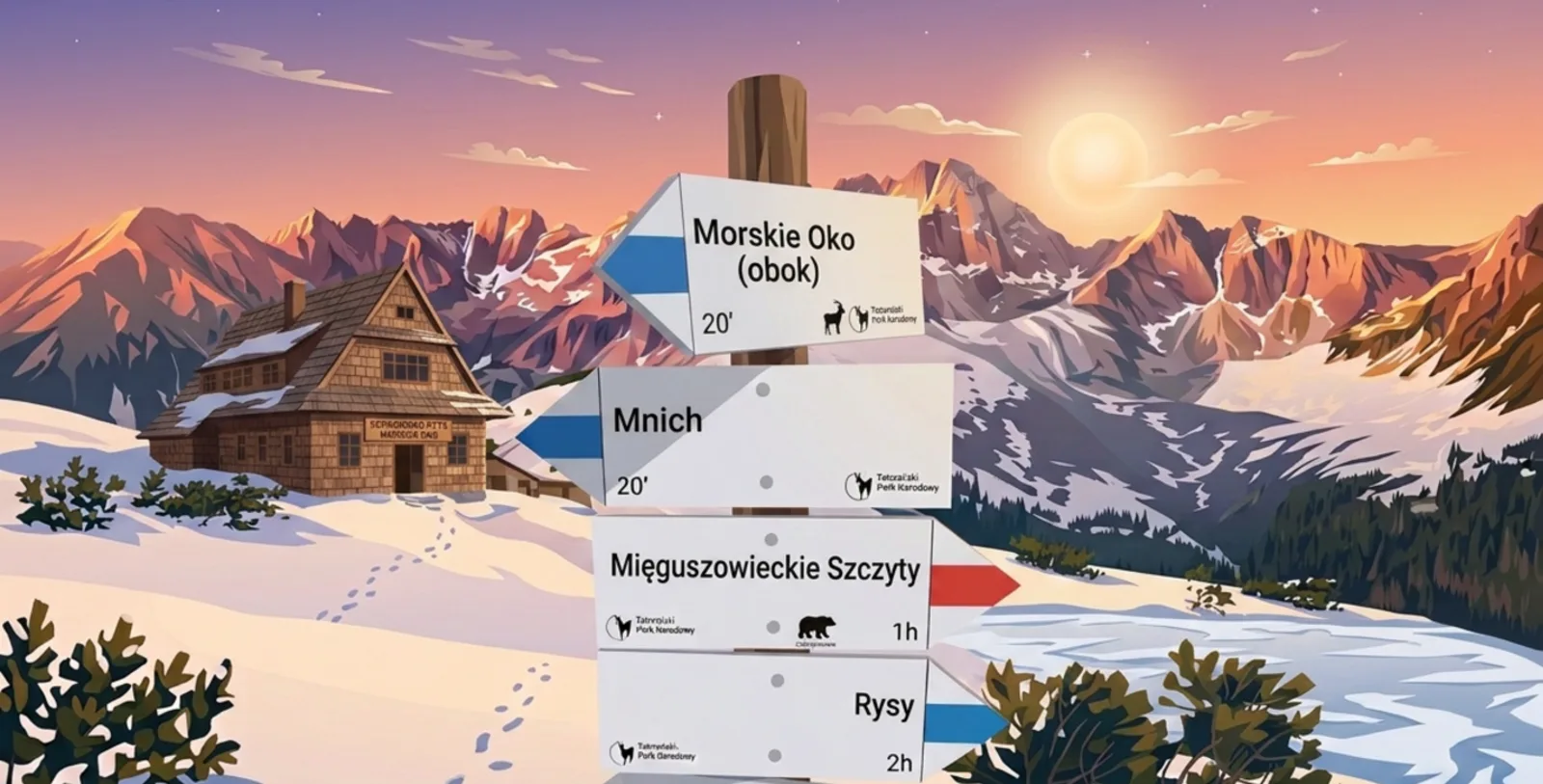 Drogowskaz przy Morskim Oku - kierunki na Mnicha, Mięguszowieckie Szczyty i Rysy, z niebieskim i czerwonym znakowaniem na strzałkach.