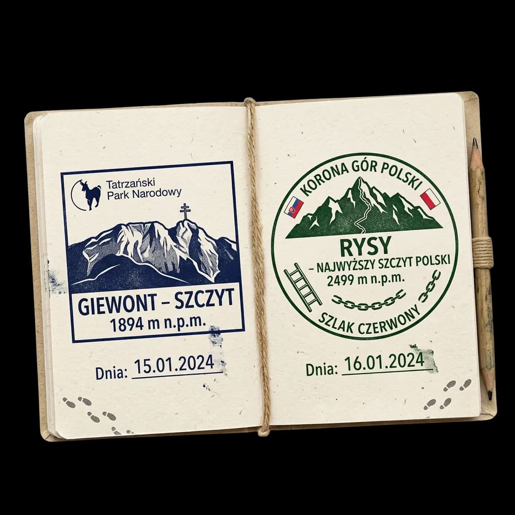 Otwarty notatnik z dwiema pieczątkami: Giewont - szczyt 1894 m n.p.m. i Rysy - najwyższy szczyt Polski, 2499 m n.p.m.